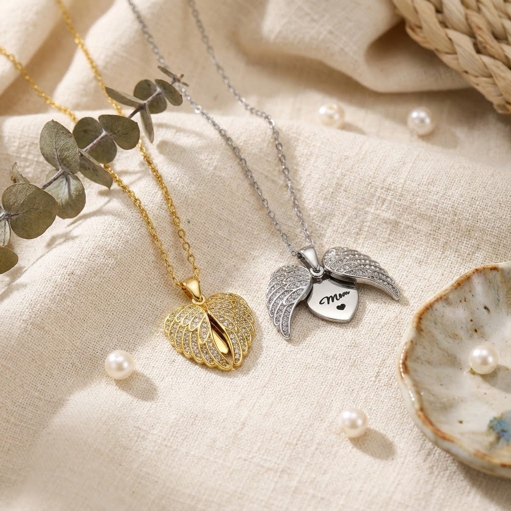 Collier Ailes d’Ange – Pendentif Cœur Gravé & Strass Étincelants